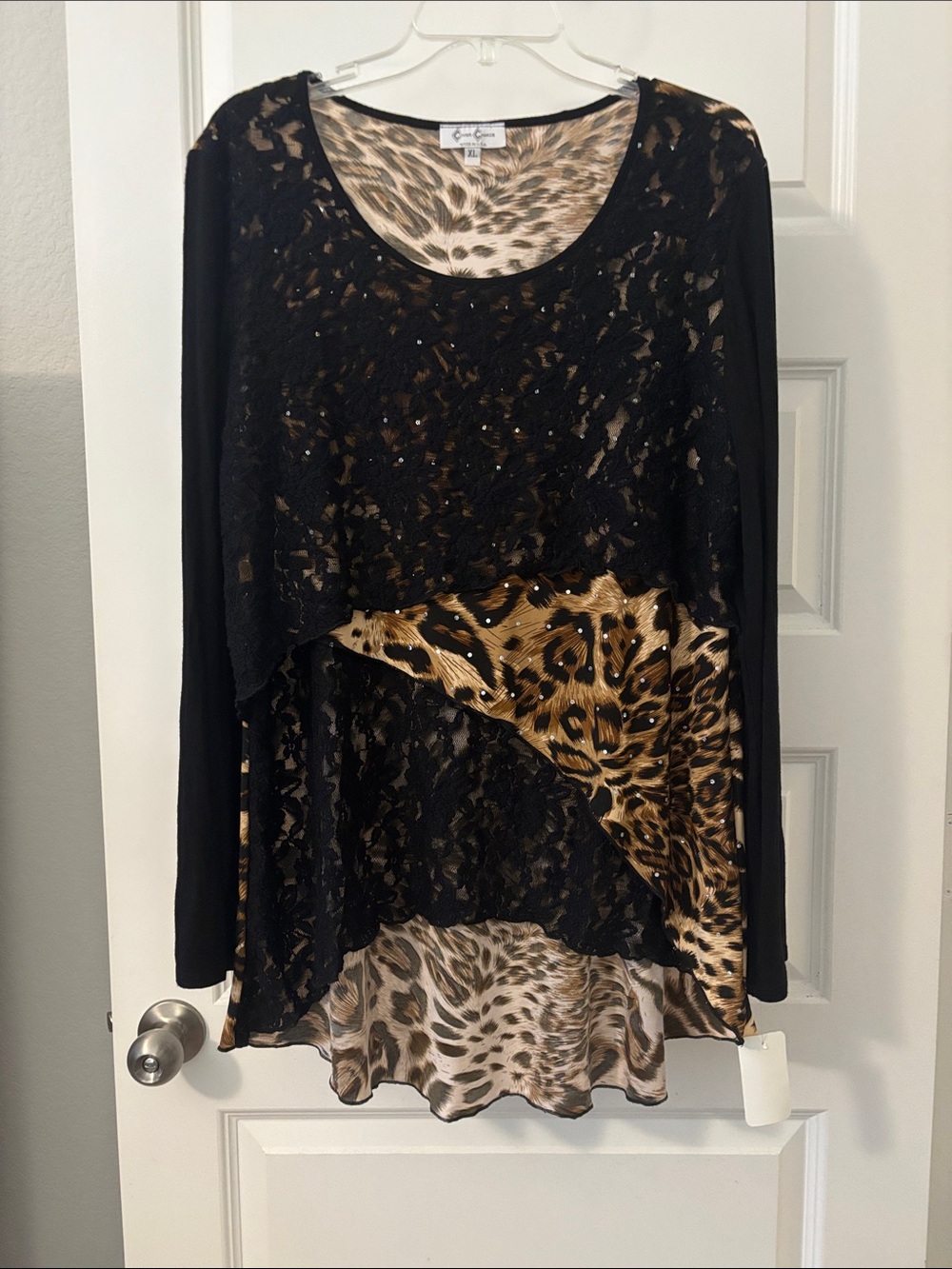 Cover Charge Mixed Media Leopard Print Lace Accent Top Shimmer SZ XL NWT